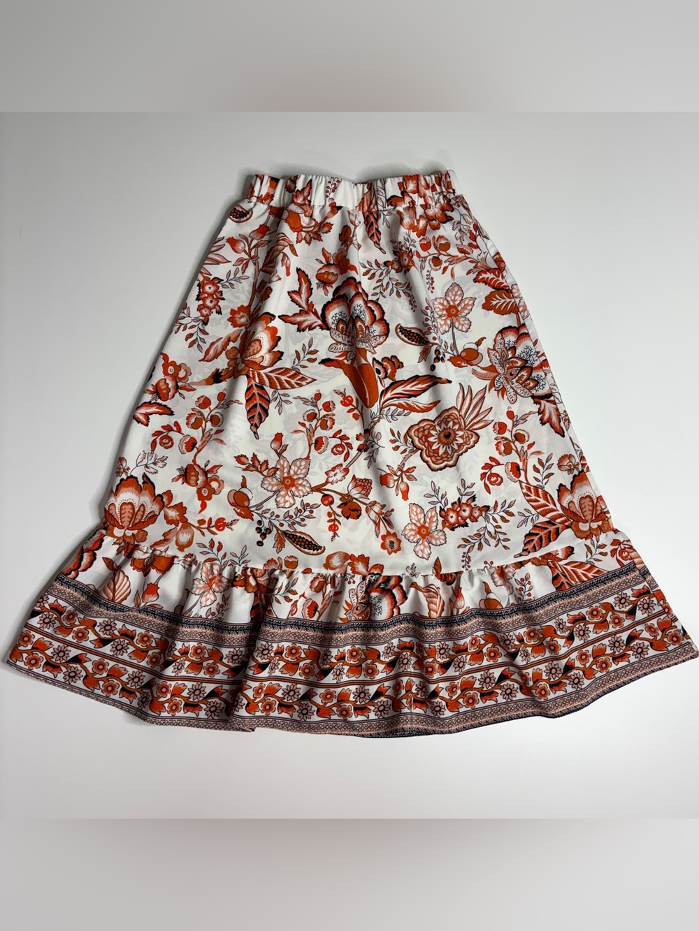 Boho Floral Midi Skirt Orange White Cottagecore Ruffle Hem Small